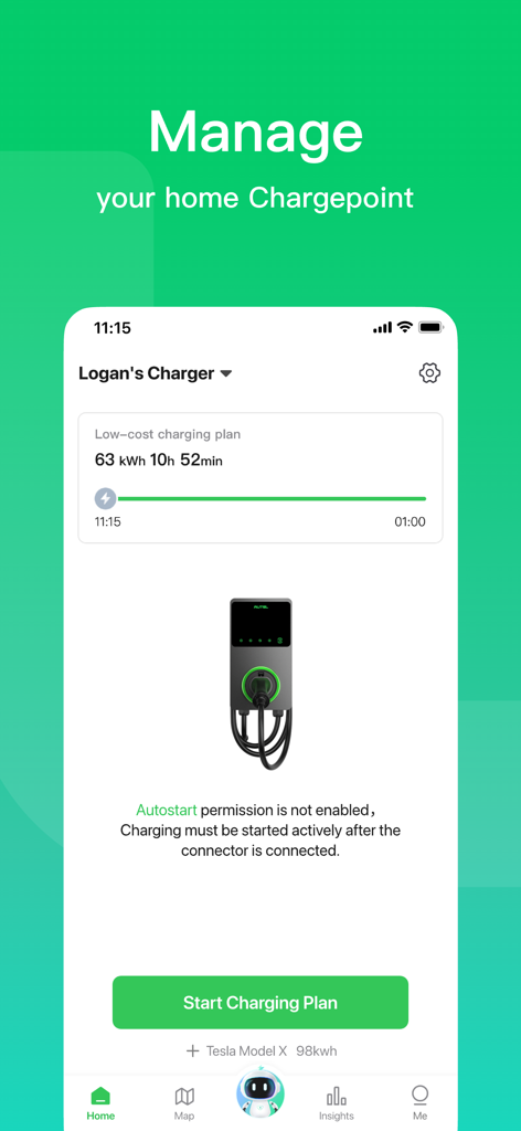 Interface de l'application Autel Charge montrant le plan de recharge à domicile pour une Tesla Model X
