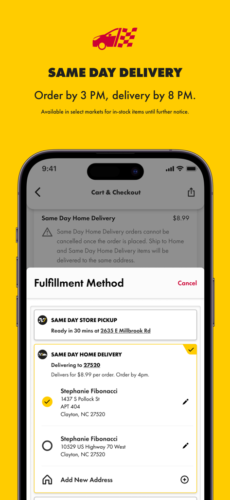 Advance Auto Parts + Tools/Acc - Fulfillment method screen in the Advance Auto Parts app showing same day delivery and store pickup options