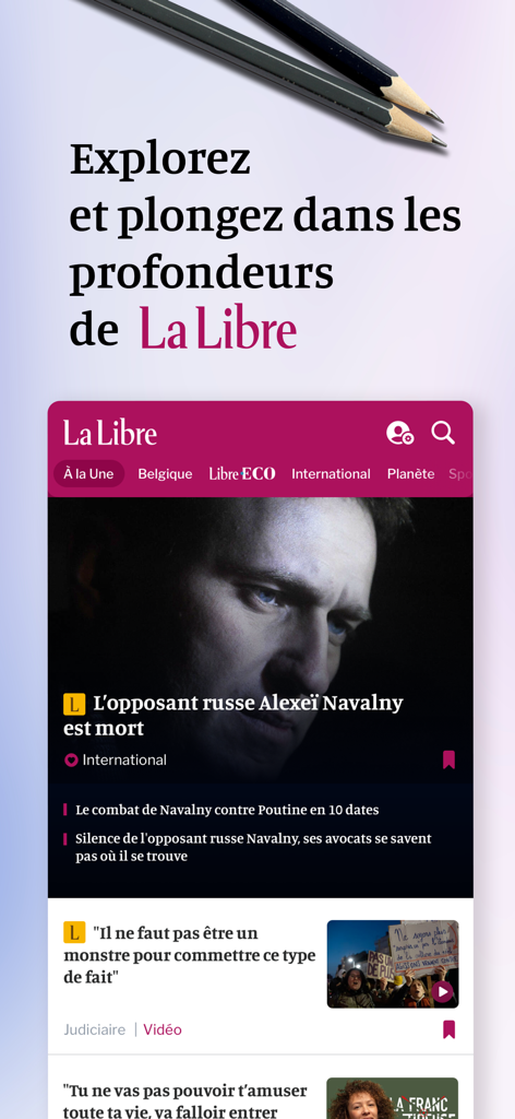 La Libre News - La Libre Newsアプリのインターフェース。国際ニュースの見出しとベルギーのセクションが表示されています