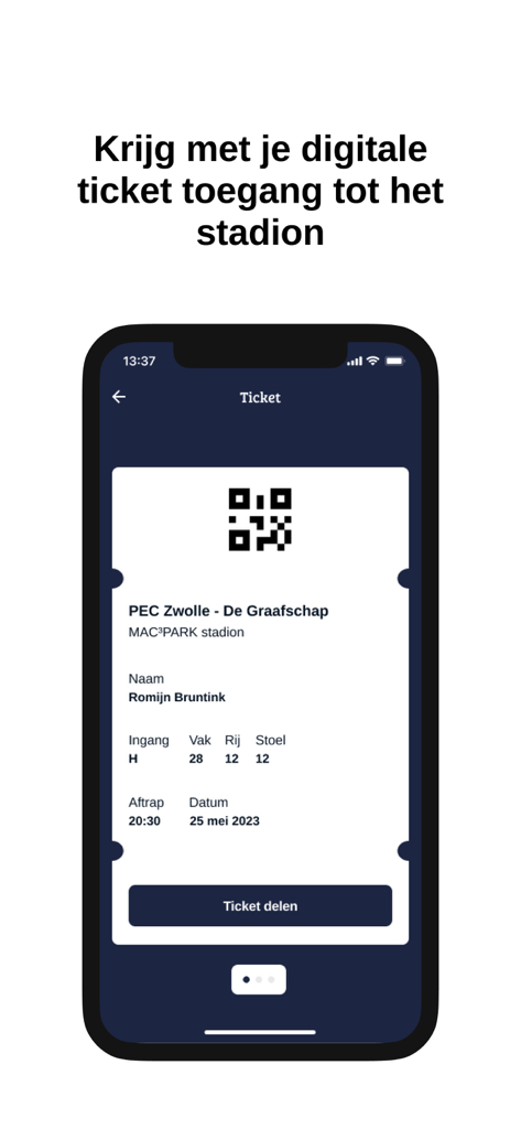 PEC Zwolle App - PEC Zwolle App screen displaying a digital match ticket with a QR code for stadium entry