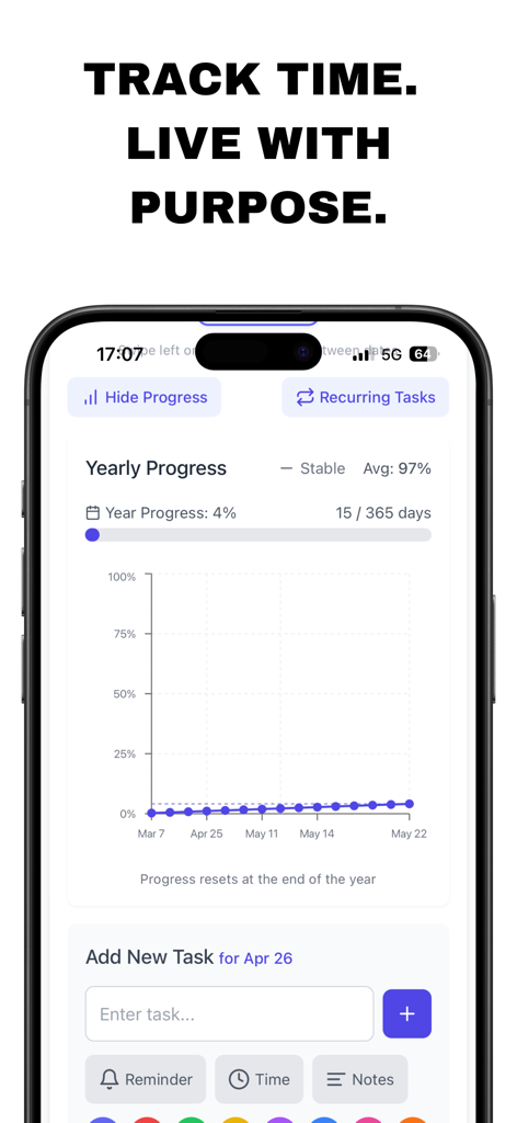 The Minimalist Calendar - The Minimalist Calendar app interface showing yearly progress tracking and a task creation menu