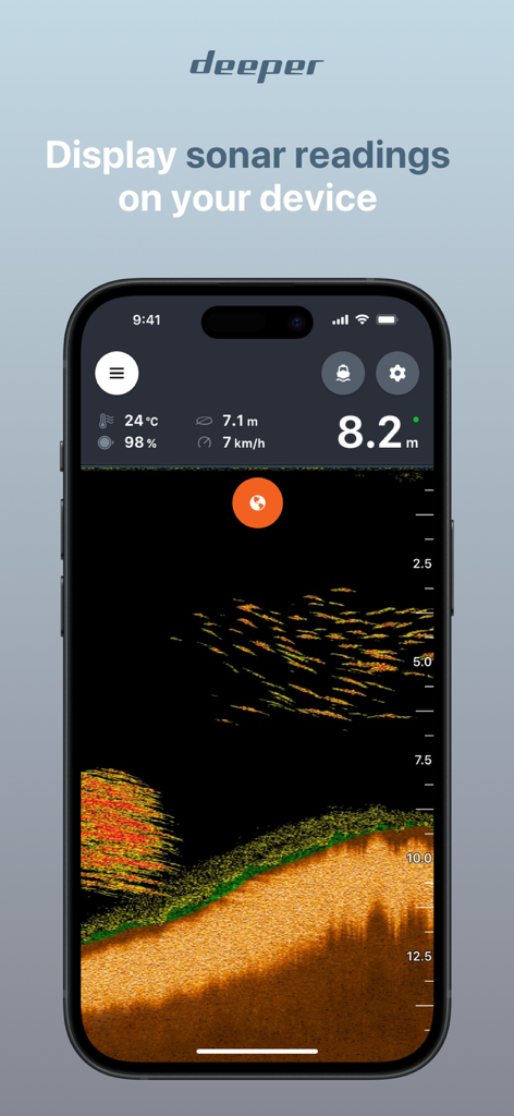 Aplicativo móvel Fish Deeper exibindo leituras de sonar em tempo real e profundidade subaquática