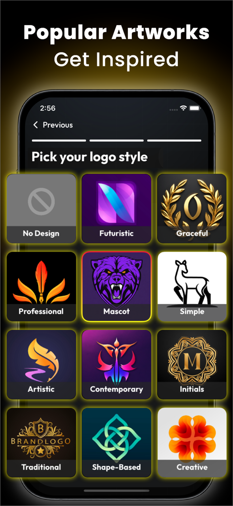 Arvine AI Logo Maker & Creator - Arvine AI Logo Maker app screen displaying various logo design styles like Mascot Futuristic and Artistic templates