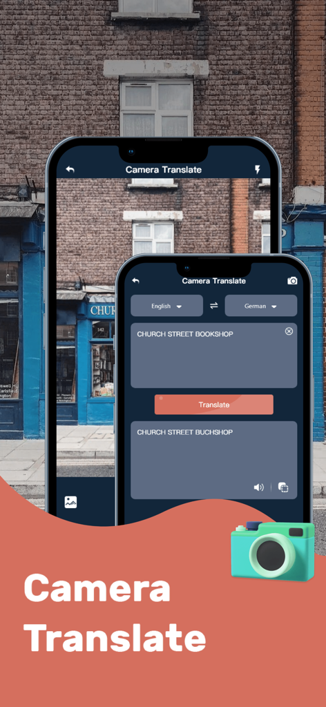 Interface do aplicativo Co Translation mostrando o recurso de tradução de câmera com tradução de inglês para alemão de uma placa de loja