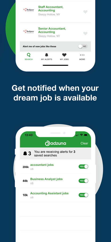 Adzuna Job Search - Adzuna job search app showing personalized job alerts and notification settings for various professional roles.