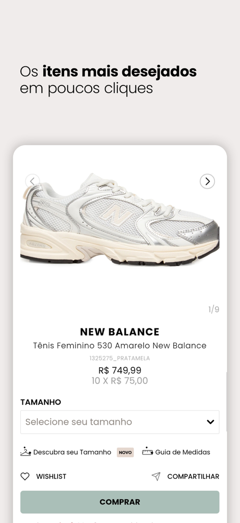 OQVestir - Uma página de produto no aplicativo OQVestir exibindo tênis New Balance com um botão de compra e opção de lista de desejos