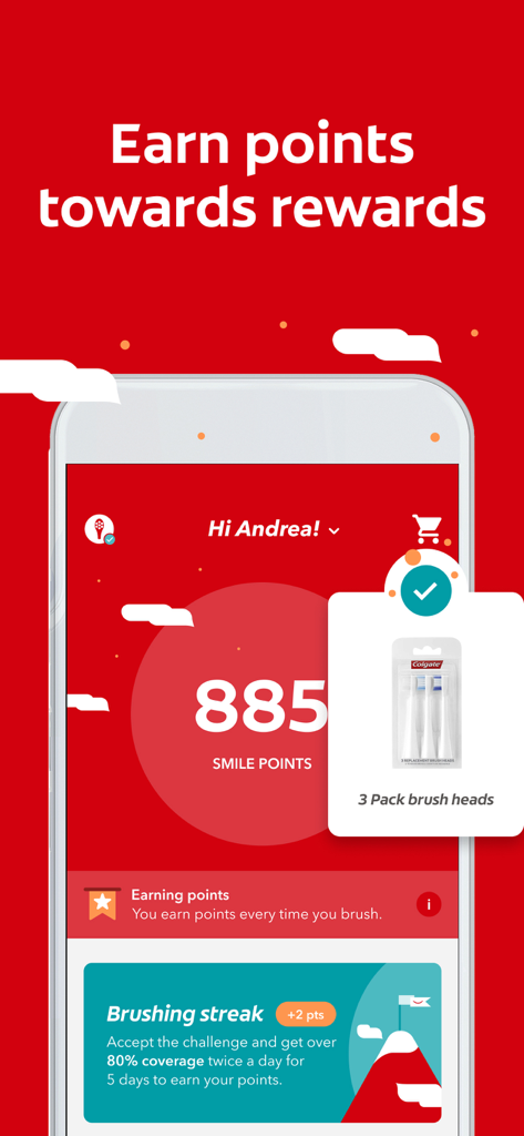 Colgate Connect - Colgate Connect App-Oberfläche, die Smile Points und Putzbelohnungen anzeigt.