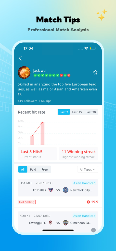 JG Score-Football Tips - JG Score mobile app screen showing professional football match tips and expert performance statistics