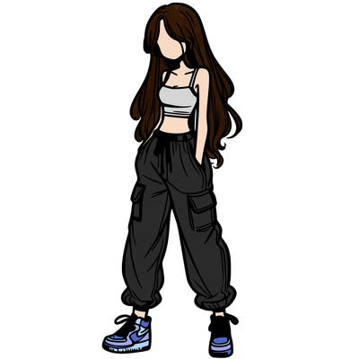 girl in baggy pants crop top and long hair