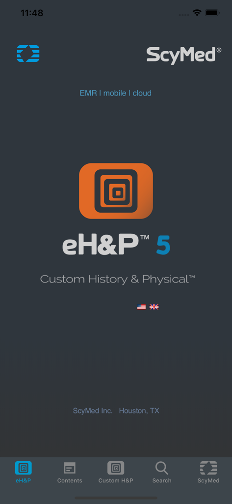 eH&P™ - eH&P 5医療アプリのホーム画面、カスタム病歴・身体診察のロゴを表示