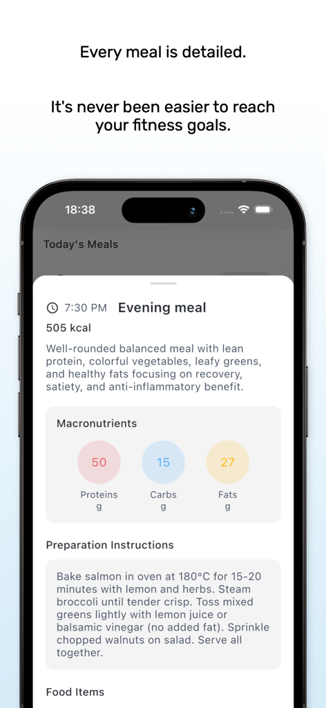 Detailed evening meal plan with macronutrients and preparation instructions in MyTrainer app
