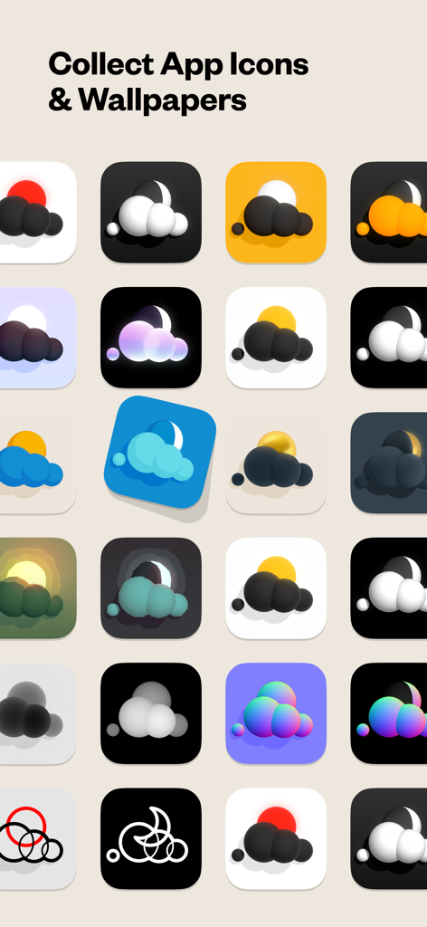 A collection of premium custom 3D app icons for the Not Boring Weather app in various colors and styles