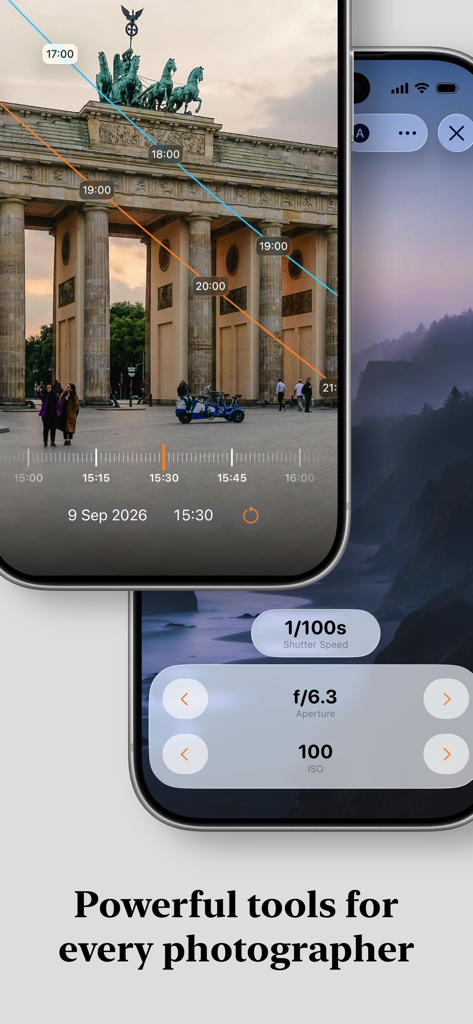 Helios - Golden Hour Forecast - Helios app screenshots showing AR sun path tracking over the Brandenburg Gate and a digital light meter for exposure settings.
