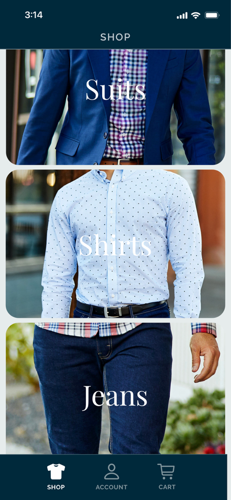 MTailor - Custom Clothing - Screenshot of the MTailor app shopping interface displaying product categories for custom suits, shirts, and jeans.