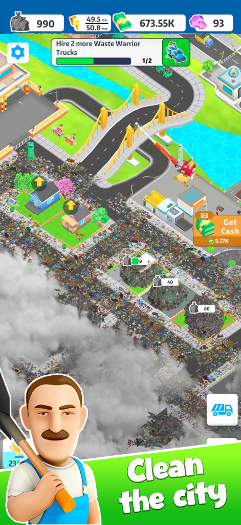 Gameplay of Trash Tycoon Idle Empire showing a character and a trash filled city with the text clean the city