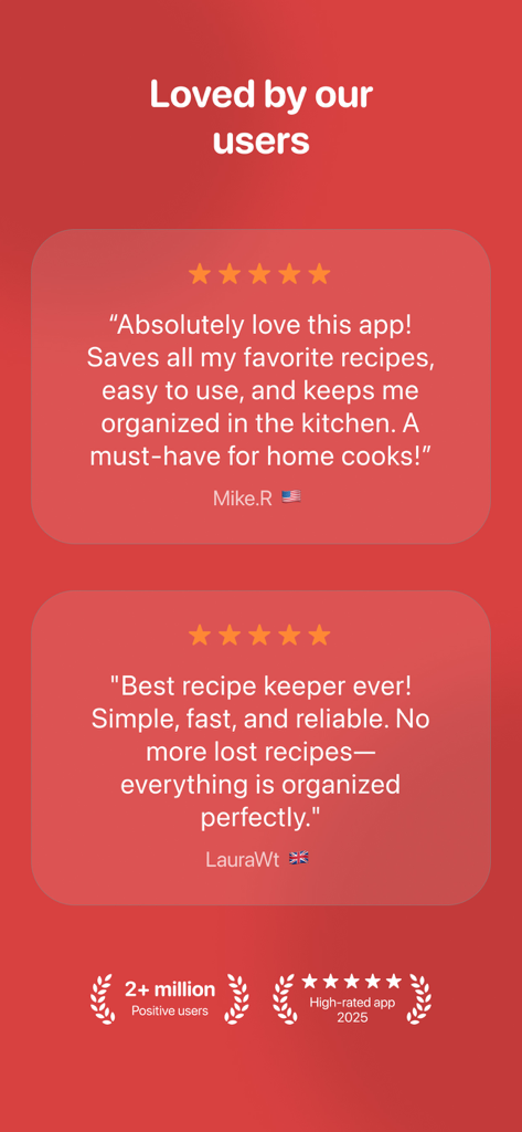 Recipe Saver: Recipes Manager - Five star user testimonials and ratings for the Recipe Saver app