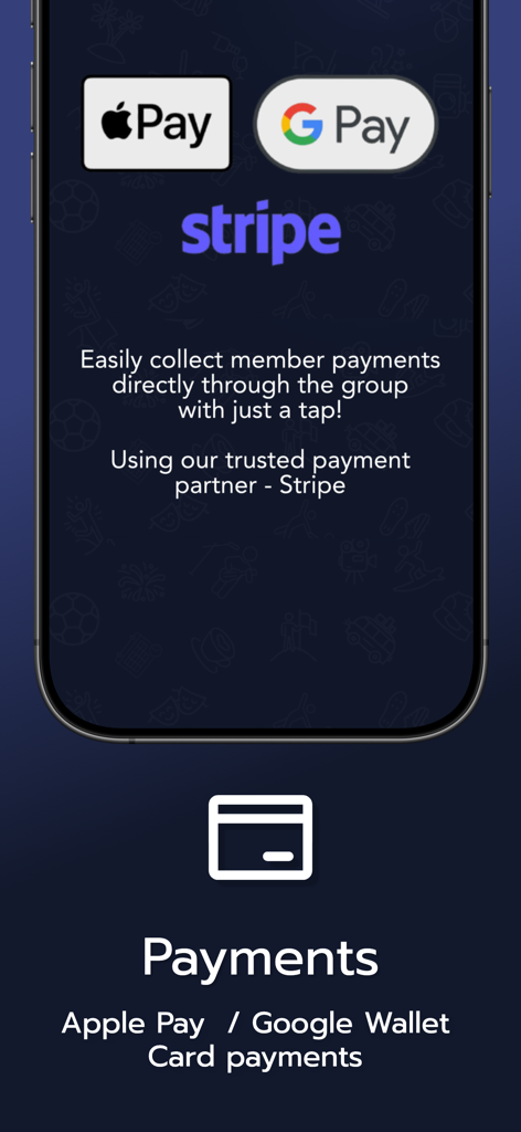 Invitem - Invitem app screen showing payment options via Stripe, Apple Pay, and Google Pay for group management.