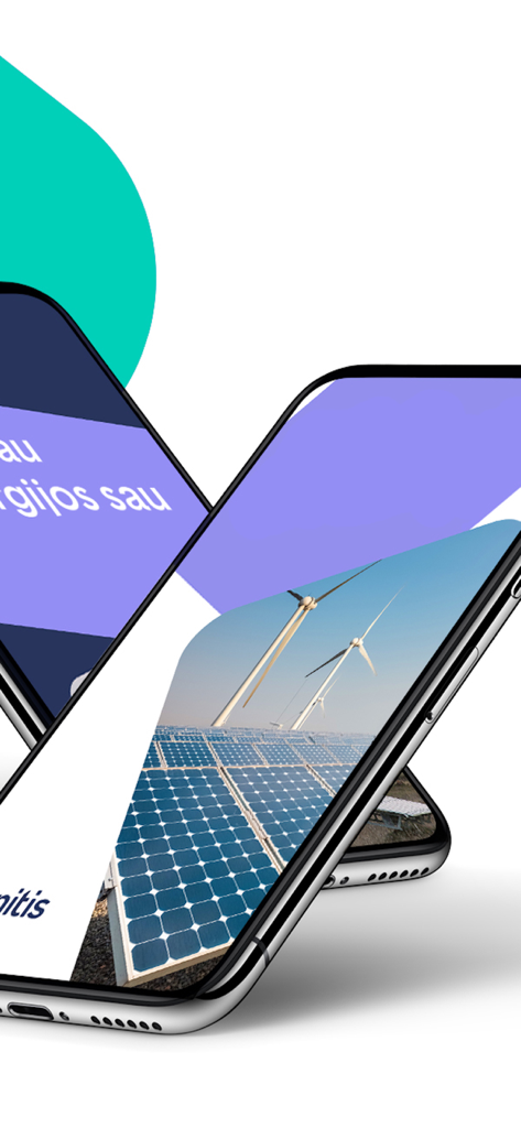 Ignitis savitarna - Smartphone displaying the Ignitis savitarna app with solar panels and wind turbines