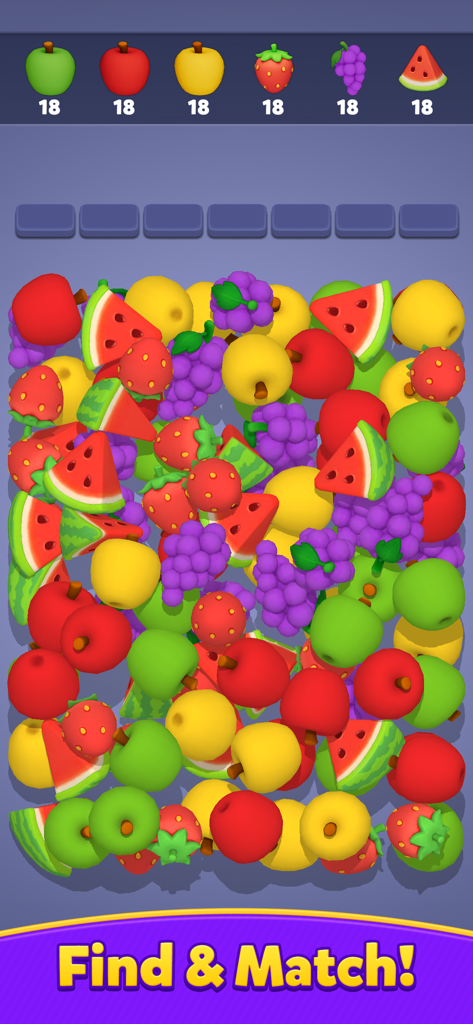 Match Out! - Gameplay of Match Out showing a variety of 3D fruits like apples and grapes to find and match in a puzzle level