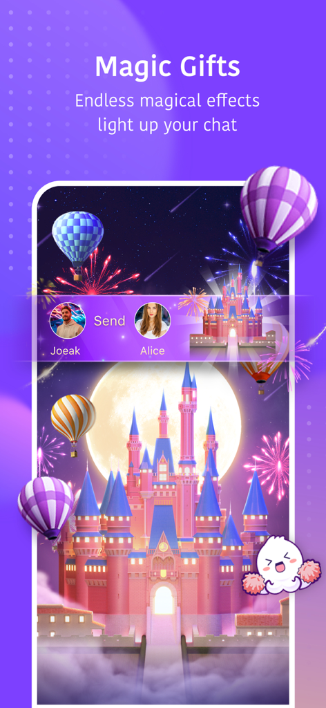 Hello Yo – Group Chat Rooms - Hello Yo app interface displaying magical gift effects with a pink castle and fireworks