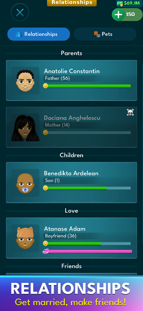 AltLife Life Simulator relationships screen showing family members and partners