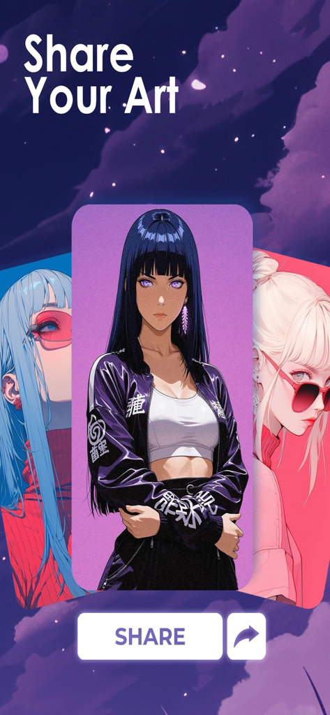 AR Drawing: Draw & Sketch App - Interface showing three anime character illustrations with a prominent Share button.