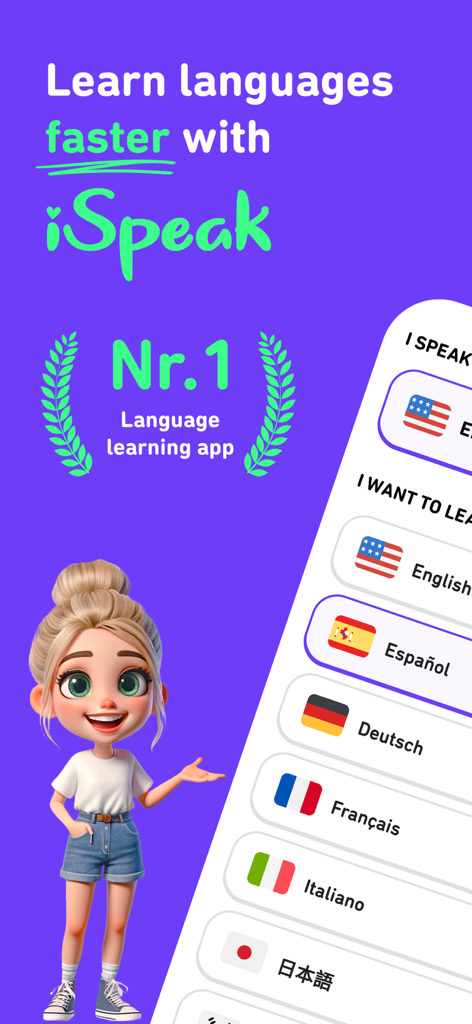 Screen from the iSpeak language learning app showing a list of available languages including Spanish and German with a 3D character.