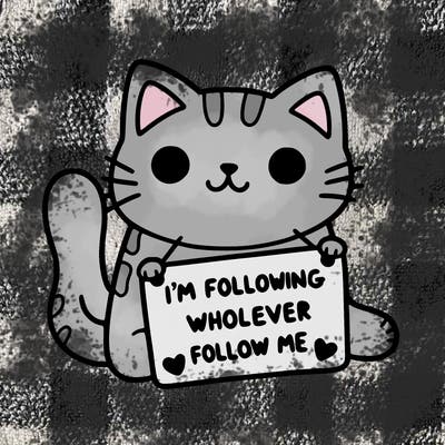 cat with a sign that says i’m following whoever follows me