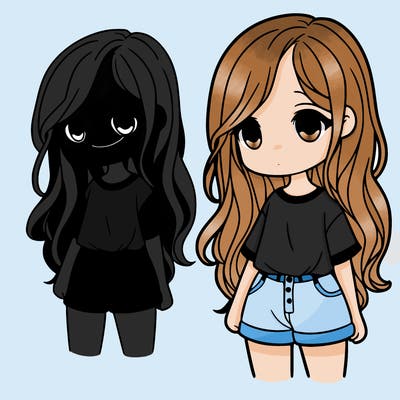 a girl with long hair and a short shirt and pants