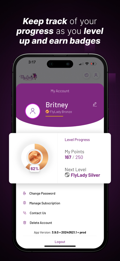 FlyLady: Routines & Cleaning - FlyLady app user profile screen showing cleaning points and level progress achievements