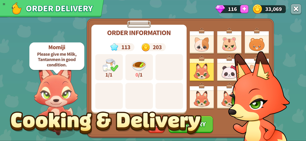 PokeFarm - Cozy farm Game - PokeFarm game interface showing an order delivery quest from a cute fox character
