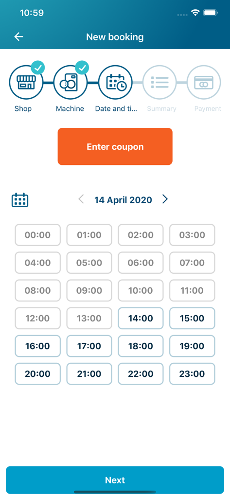 Bubbles Mosoda - Bubbles Mosoda App-Bildschirm, der die Auswahl von Datum und Zeitschlitz für eine neue Wäschemaschinenbuchung anzeigt.
