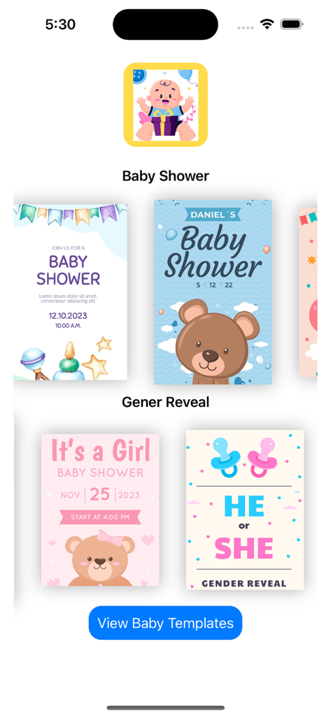 Baby shower Invitation . - Interfaz de una aplicación que muestra plantillas de diseño de invitaciones para baby shower y revelación de género