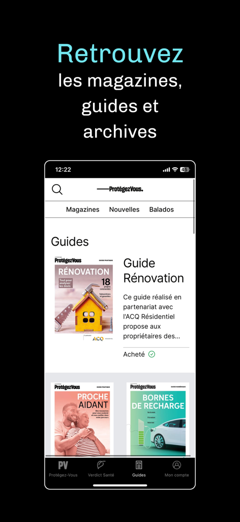 Protégez-Vous - Interface of the Protegez-Vous app showing various consumer guides like renovation and caregiving