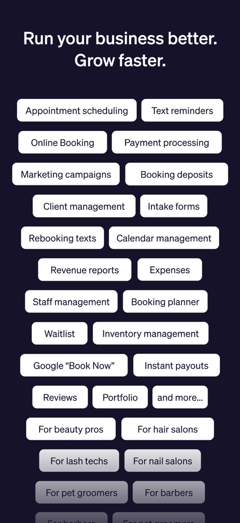 List of Goldie app features including appointment scheduling and online booking for beauty and service professionals