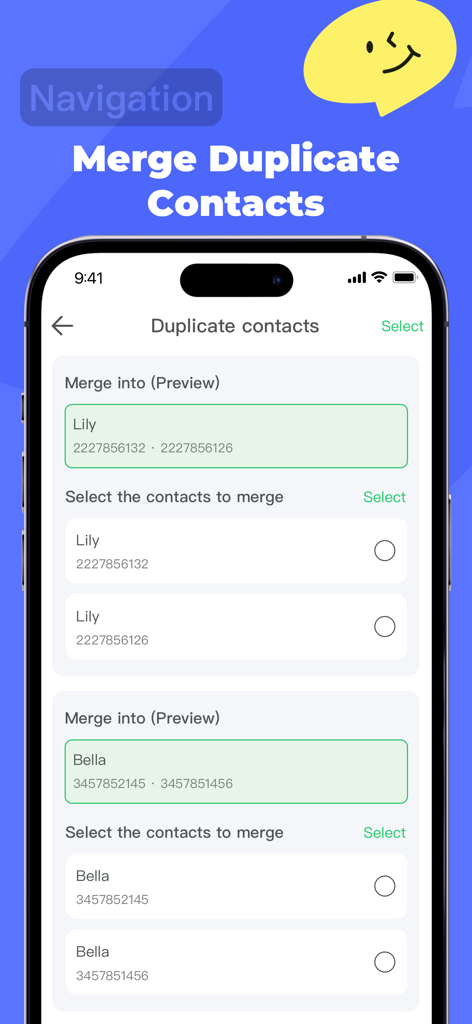 iMoveGo - Location change - iMoveGo app interface showing the merge duplicate contacts feature