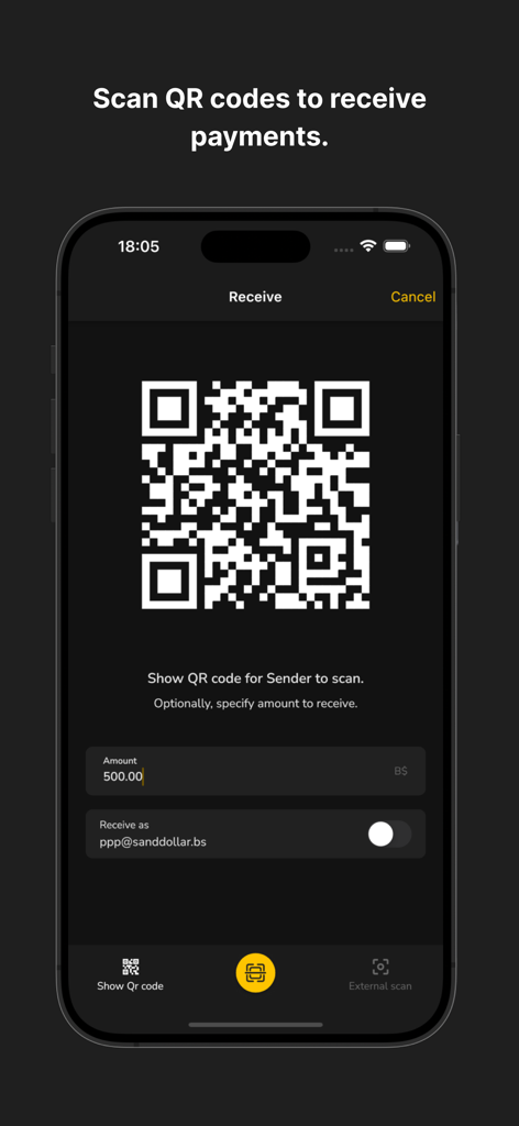 SandDollar - SandDollar app interface showing a QR code for receiving digital Bahamian dollar payments with a specified amount.