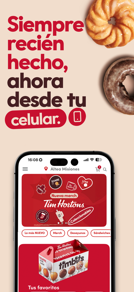 TIM HORTONS MX - Pantalla de un teléfono móvil mostrando la app Tim Hortons MX con categorías de menú de donas y desayunos