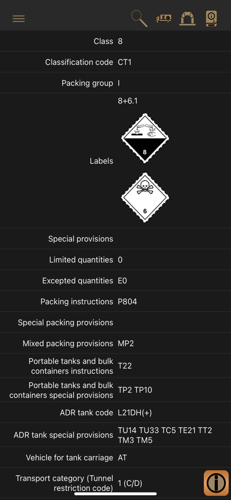 ADR Tool 2023 Dangerous Goods - Interface d'application mobile montrant les détails de classification des marchandises dangereuses ADR Classe 8, y compris les étiquettes de danger et les instructions d'emballage