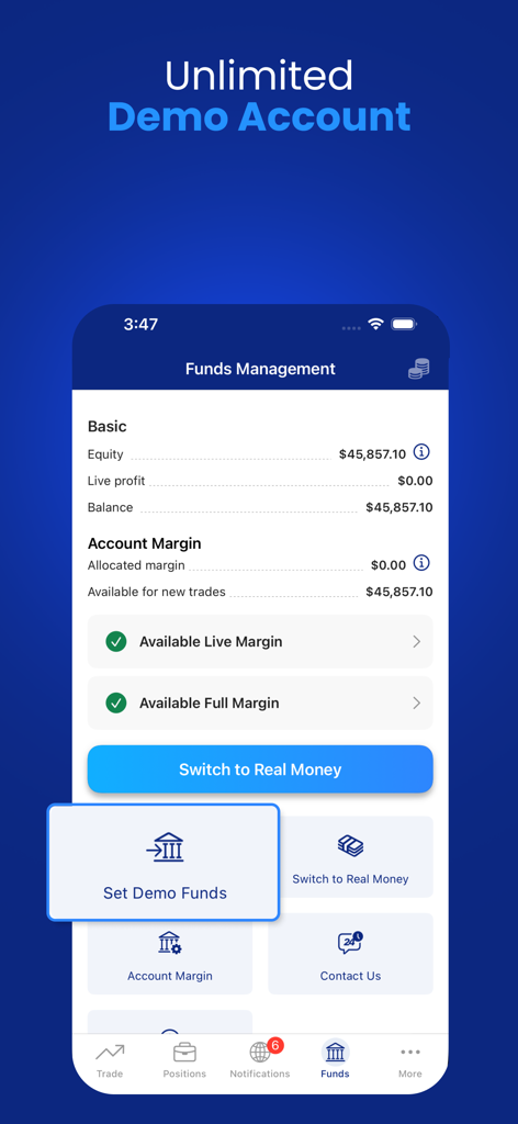 Pantalla de gestión de fondos de la aplicación Plus500 mostrando el saldo de una cuenta demo ilimitada