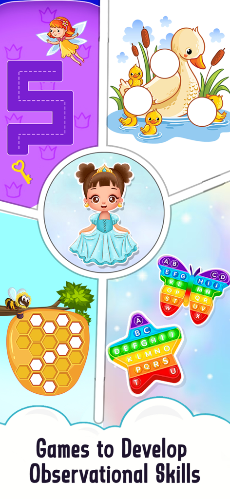 Princess Carphone Doll Games - A collage of educational mini games for kids featuring a princess, number tracing, animal puzzles, and alphabet pop-it toys.