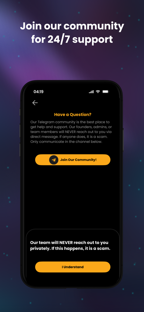 Internet Money - Crypto Wallet - Internet Money Crypto Wallet support screen with Telegram community link and security notice