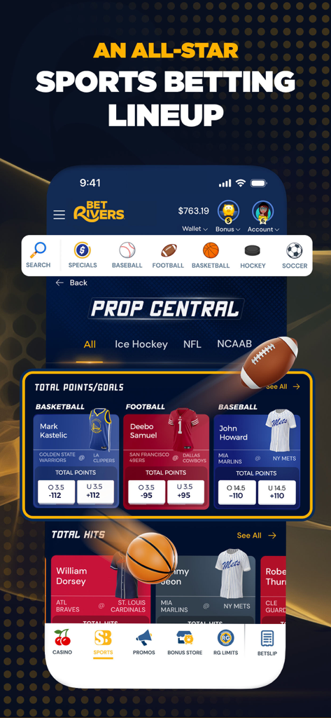 BetRivers: Casino & Sportsbook - BetRivers Mobile App-Oberfläche, die Prop Central mit Wettquoten für Basketball-, Fußball- und Baseballspiele anzeigt.