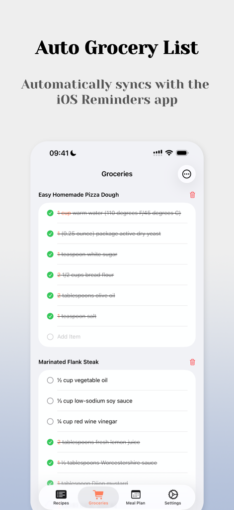 Recipe Notes - My Cookbook - Pantalla de lista de compras automática de la aplicación Recipe Notes que muestra ingredientes para masa de pizza y filete de flanco con algunos elementos marcados