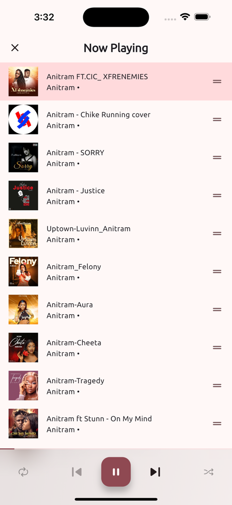 Plus Liberia - Plus Liberia app showing the Now Playing screen with a list of songs by the artist Anitram
