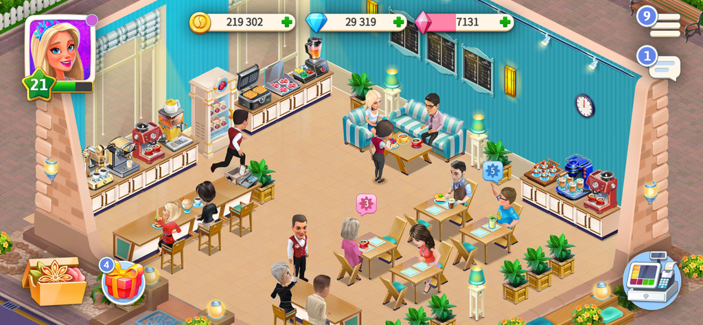 Innenansicht eines individuell gestalteten Cafés mit Kunden und Personal im Restaurant-Spiel Mein Café