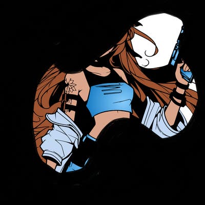 bad girl wearing crop top holding a gun long hair anime