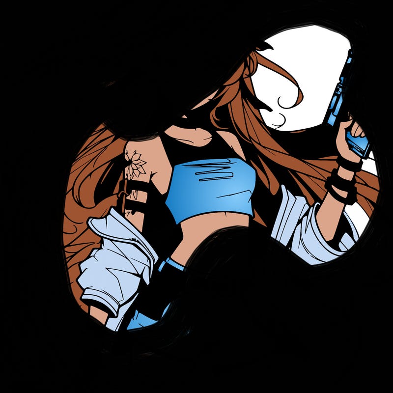 bad girl wearing crop top holding a gun long hair anime