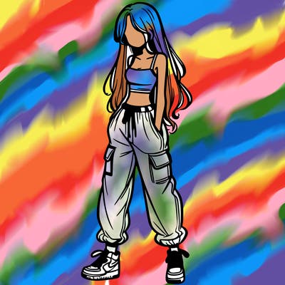 girl in baggy pants crop top and long hair