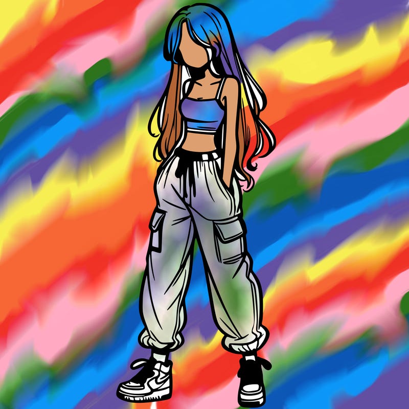 girl in baggy pants crop top and long hair